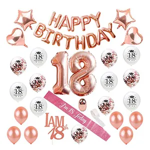 Doğum günü süslemeleri Tatlı 18th Doğum Günü Tema Parti Malzemeleri Parti Süslemeleri Gül Altın Mutlu Doğum Günü Afiş Balonlar