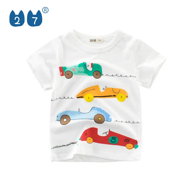 Guangdong supply Korean style infant boys white t shirts with printed cartoon cars