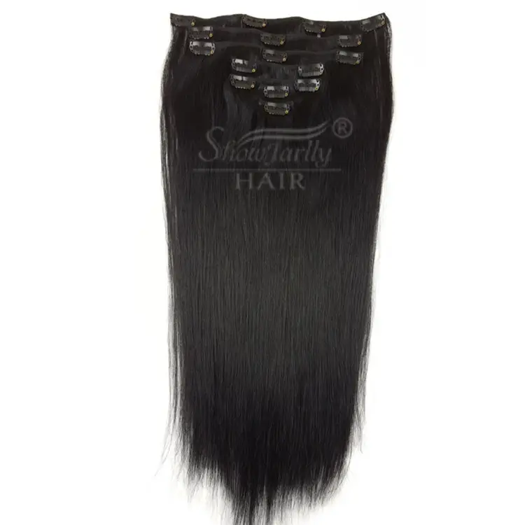 Wholesale brazilian human hair weave clip ins remi human hair off the black thickness and length clip in hair extensions