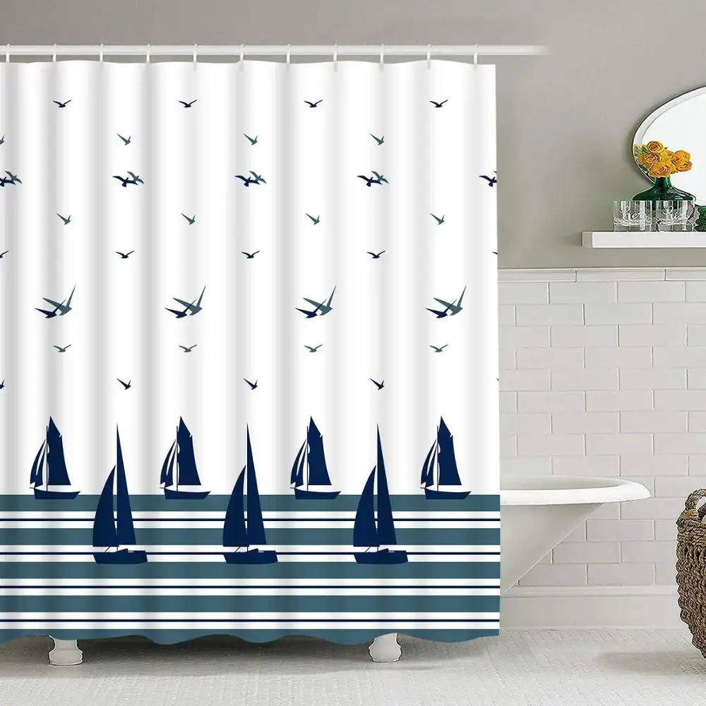 Cortina de ducha azul con diseño de paisaje oceánico, cortina de poliéster para Baño