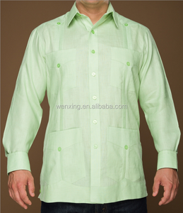 Camicie Guayabera in <span class=keywords><strong>lino</strong></span> a quattro tasche pieghettate da <span class=keywords><strong>uomo</strong></span> a maniche lunghe lavate americane messicane - Product Image 3