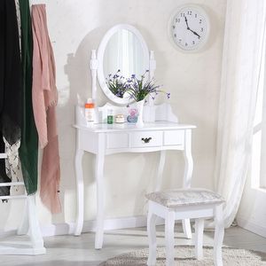 Meuble de chambre à coucher en <span class=keywords><strong>bois</strong></span> <span class=keywords><strong>blanc</strong></span> au design moderne, coiffeuse avec tabouret <span class=keywords><strong>et</strong></span> miroir rond - Product Image 2