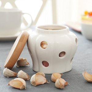 White Ceramic <strong>Garlic</strong> Keeper Kitchen Storage Container <strong>Garlic</strong> <strong>Jar</strong> with Bamboo Wood Lid - Product Image 4