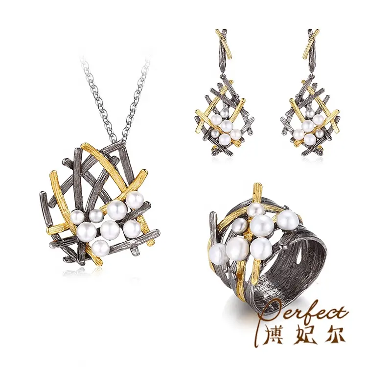Cantik Perhiasan Halus Set Perhiasan Cincin Liontin Anting Perak 925 Mutiara Air Tawar Berlapis Emas