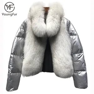 럭셔리 퍼 트리밍 다운 재킷 여성 실버 폭스 퍼 칼라 & 조끼 따뜻한 겨울 모피 파카 코트