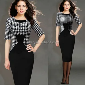 Houndstooth Và Kẻ Sọc Chắp Vá Shift Office Dress Với Mid Tay Áo H023