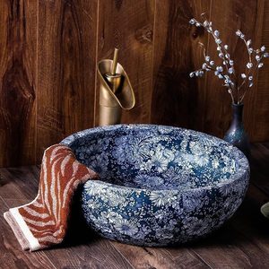 Lavabo in Ceramica Blu e Bianco Dipinto a Mano, Lavandino Rotondo in Porcellana per <span class=keywords><strong>Bagno</strong></span> - Product Image 2