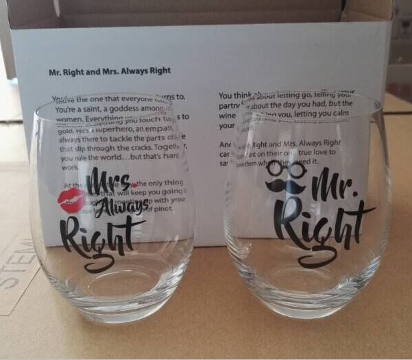 16oz Crystal Stemless Wine Glass Set for Wedding Couple Wine Glass Tumbler Mr right and Mrs always right