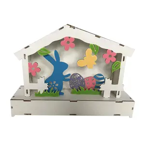 Easter Decoration Easter wooden rabbit house shaped LED table ornament