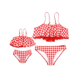 Biquíni sexy vermelho xadrez para meninas, roupa de banho barata em estoque, conjunto de maiô feminino para crianças