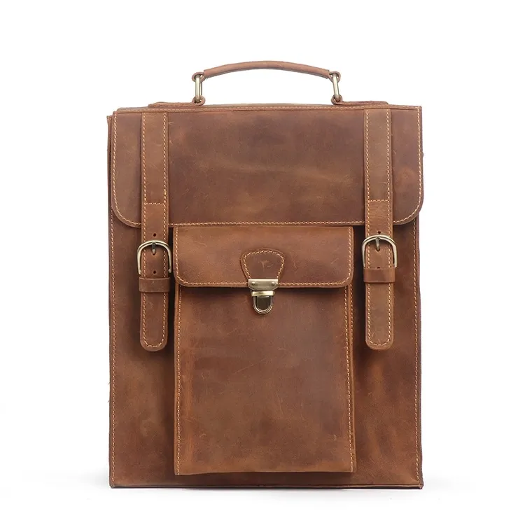 Luojia Vintage Crazy Horse Leather Tote Bag Mens Laptop Backpack Men Leather