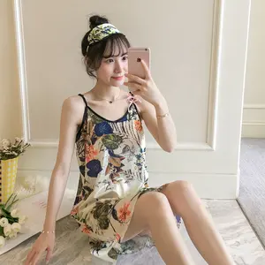 Ladies Sexy Silk Ice Night Dress Sleeveless Nighties V-neck Nightgown Nightdress Floral Printed Sleepwear Nightwear For Women