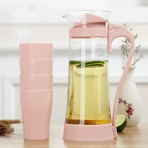 Heat resistant milk juice hot cold drinking water 1.2 L jug 5 pieces glass pitcher set with 4 plastic cups and strainer lid