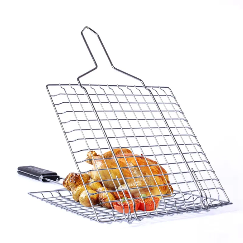 Stainless Steel Barbecue Net Grilled Fish Clip High Temperature Resistance Wooden Handle Thickened Bold Plating Toast Clamp h4