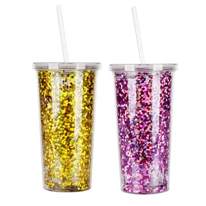 Thiết Kế Mới Nhà Máy Cá Nhân Tùy Chỉnh Logo Đôi Tường Bling Rhinestone Tumbler Chèn Long Lanh Nhựa Rơm Cup