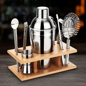 9pcs New Design With Stylish Bamboo Stand Stainless Steel Cocktail bar Set