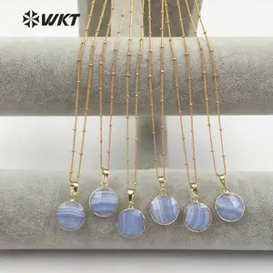 WT-N1139 Hadiah Personalisasi untuk Wanita 18 Inci Alami Biru Tidak Berfaset Batu dengan Bezel Penyembuhan Batu Akik Kalung