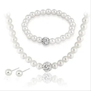 Rellecona Hot Sale White Color Natural Freshwater Pearl Crystal Pave Ball Jewelry Necklace Bracelet Earrings Set