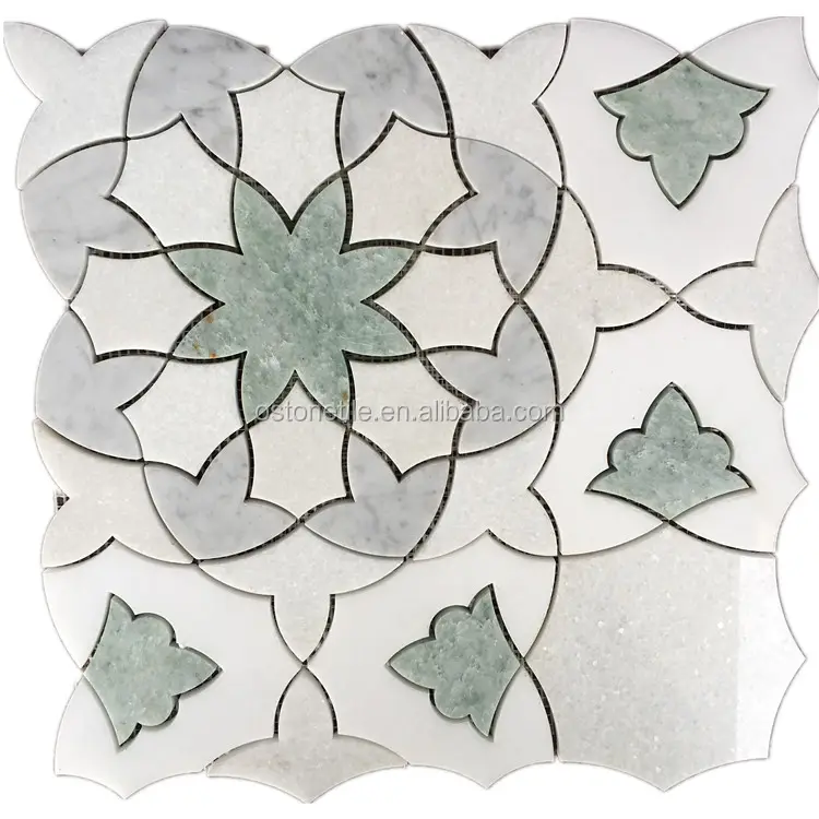 Bunga hijau dan putih marmer air jet marmer mosaik ubin