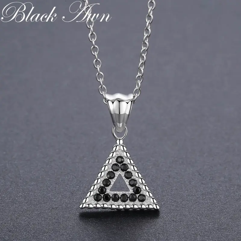 [Awn] colar de prata esterlina 925, para mulheres preto giratório triângulo deslizante colares pingentes prata esterlina joia p194