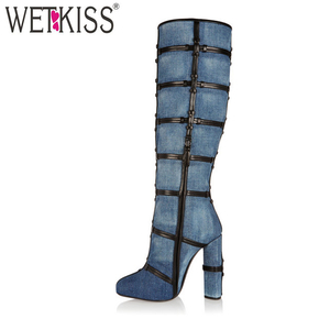 OEM ODM Offre Spéciale Mode Tendances Jeans Femmes Genou Bottes Bloc Talon Haut Bottes <span class=keywords><strong>Fantaisie</strong></span> avec Fermeture Éclair - Product Image 1
