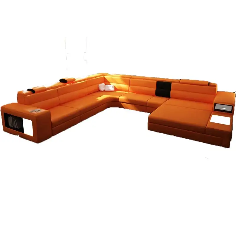Tinggi Berakhir Rumah Mewah Kulit Sapi Asli Tempat Tidur Keras Kayu Struktur Orange Led Sofa