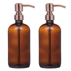 도매 16 온스 앰버 유리 보스턴 라운드 병 스테인레스 스틸 펌프 - Product Image 1