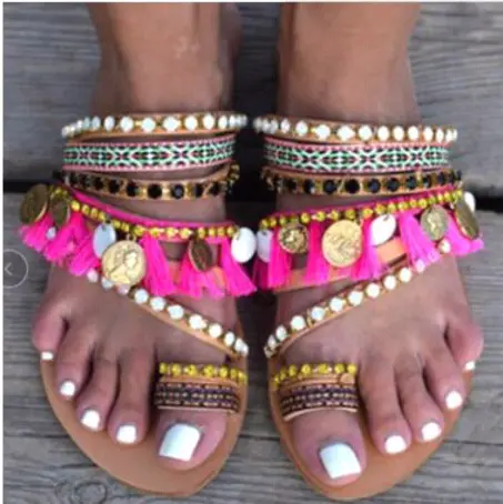 SL-010 2019 bella vintage strati catena decorata & boemia linee colorate tessitura punta anello pantofola sandali per le donne signore