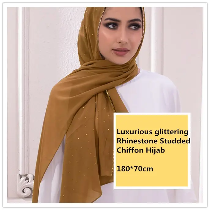 Phổ Biến Fancy Touch Đám Cưới Bên Chiếc Khăn Kim Cương Sang Trọng Lấp Lánh Bọc Rhinestone Studded Chiffon Hijab