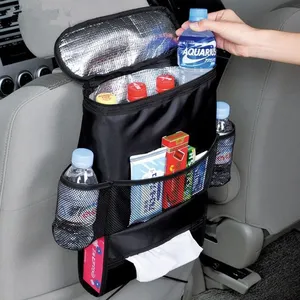 Auto car seat back insulated cooler storage hanging organizer bag with drink holder wrap bottle mesh pockets