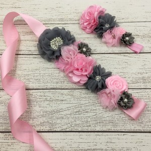 Gros Bébé Bandeau Satin Tissu Fleur Sash Ceinture Et Fleur Satin Ceinture Ensembles Avec Perle - Product Image 2