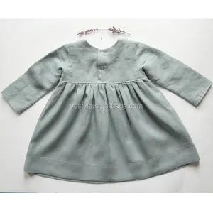 Baby girls gray linen dress with long sleeves for autumn   round neck over knee baptism dress made with pre washed linen