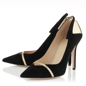 Calzature OEM e ODM classiche scarpe da donna in vera pelle nera con pompa tacchi a punta personalizzati fantasia per donna