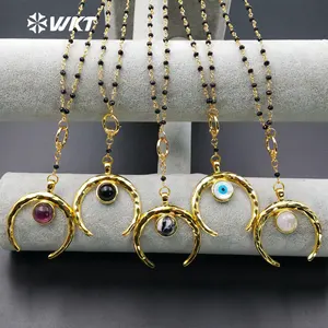 Wkt wholesale hot sale black beads rosary gold plated custom multiple natural stone pendant moon shape necklace