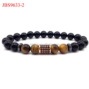 Pulsera clásica para hombre, Ágata negra Natural, Ojo de Tigre, hematita, CZ, abalorios, elegante diseño elástico, Gift-JBS10206 Ortodoxa - Product Image 3