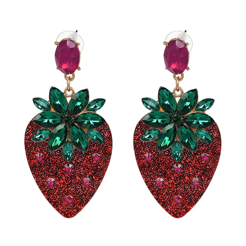 Fashion Jewelry Women New Fruit Earrings Dangles Drop Strawberry Earring Red Crystal Rhinestone Glass Handmade Jewelry Earring