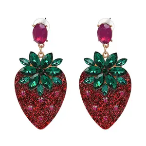 Fashion Jewelry Women New Fruit Earrings Dangles Drop Strawberry Earring Red Crystal Rhinestone Glass Handmade Jewelry Earring