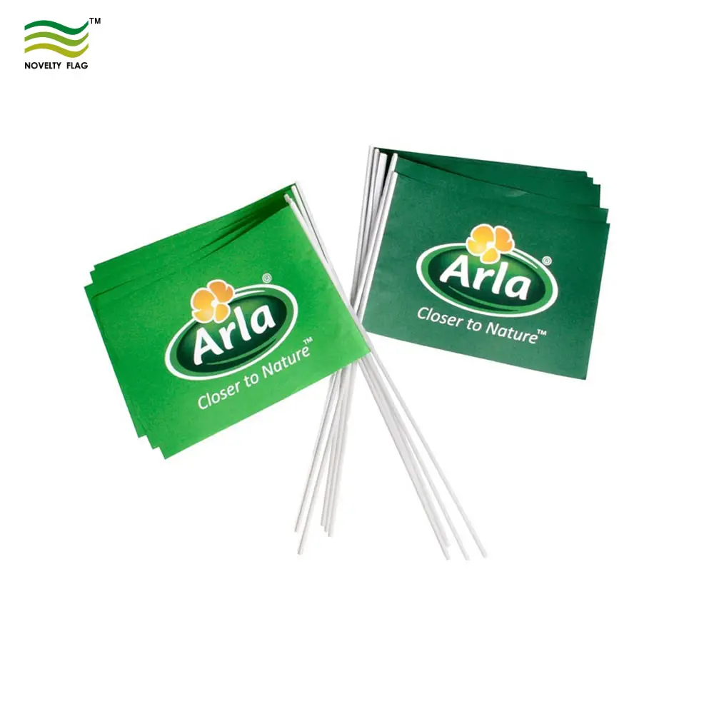 Plástico personalizado PE PVC papel poliéster mano ondeando banderas de mano con palo