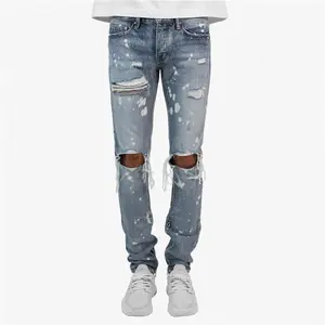 Royal wolf denim jeans fabrikant blauw splash verf ploetert dij en knie ripped rits mannen jeans top ontwerp