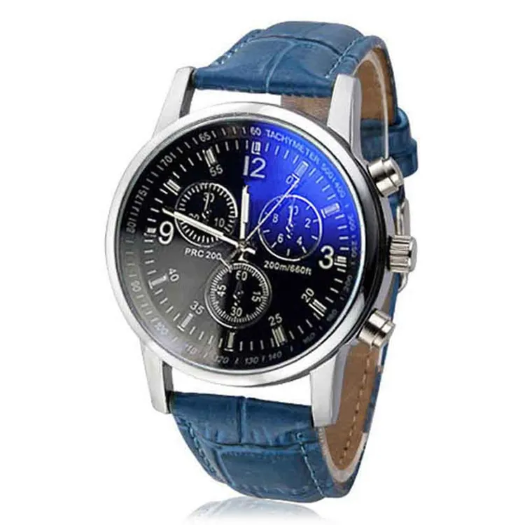 Montre-bracelet en cuir pour hommes, analogique, rayons bleus, à la mode, collection 2021