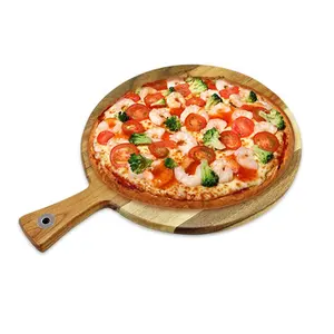Sartén de madera sólida para pizza, tablero de 12 pulgadas con mango Circular de goma/Haya/madera de Acacia para pizza