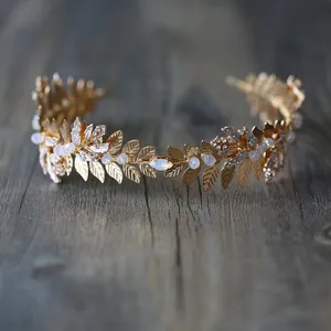 Frauen Stirnband Gold Blatt Haar Schmuck Hand Made Opal Kristall Krone Braut Haar Zubehör