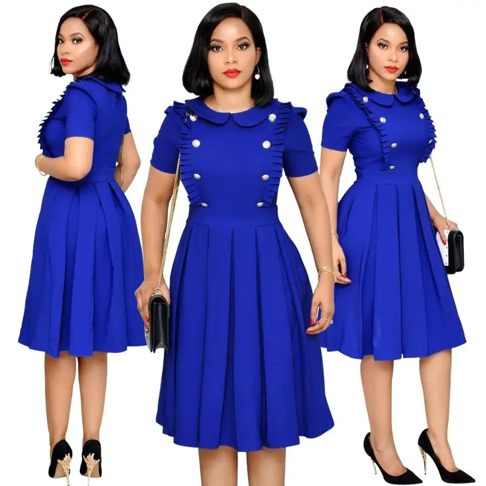 Plus Size Lady Fashion OL Style Short Sleeve Casual Pleated Dress