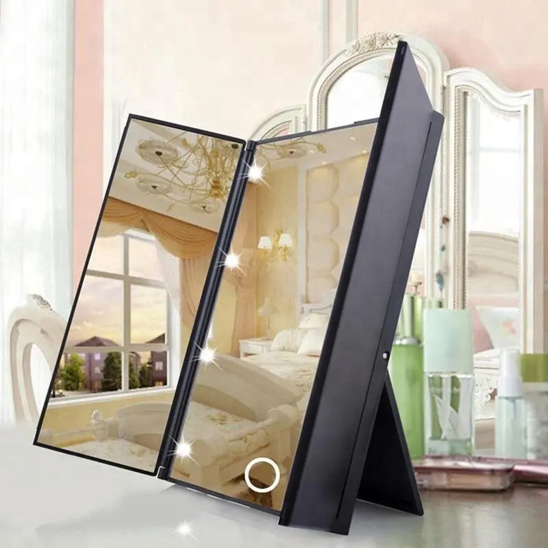 Fashionable Superior Foldable Tri-sided 8 LED Lighted Makeup Mirror Vanity Tabletop Mirror Black Square Shape for Women