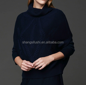 Guangzhou fábrica de suéter mujeres 12GG rollo cuello poncho de lana de manga corta de cuello alto suéter de cachemira de punto - Product Image 3