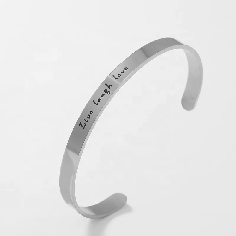 LOORDON "Live Laugh Love" Inspirational Quotes Engraved Personalized Cuff Bangle, Stainless Steel Live Mantra Bracelets