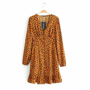 Sexy scollo a v button up di buona qualità a manica lunga della stampa del leopardo animale vestito