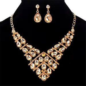 Women's Jewelry Drop Earrings Gold Color Pendant Choker Necklace Dangle Hook Bib Jewelry Set