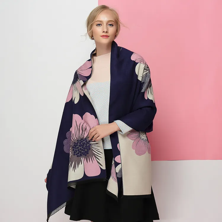 Double Sided Available Fashion Winter Pashmina Jacquard Scarf Big Flower Warm Wraps 100% Cashmere Shawl Scarf Women