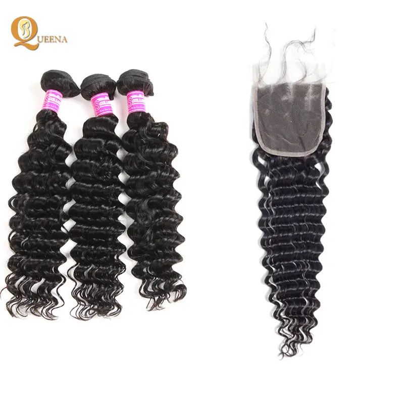 Wholesale Virgin Human Hair Deep Wave Bundles with Closure Unprocessed Remy Raw Brazilian 10A 100% Human Hair No Mix Queena Hair